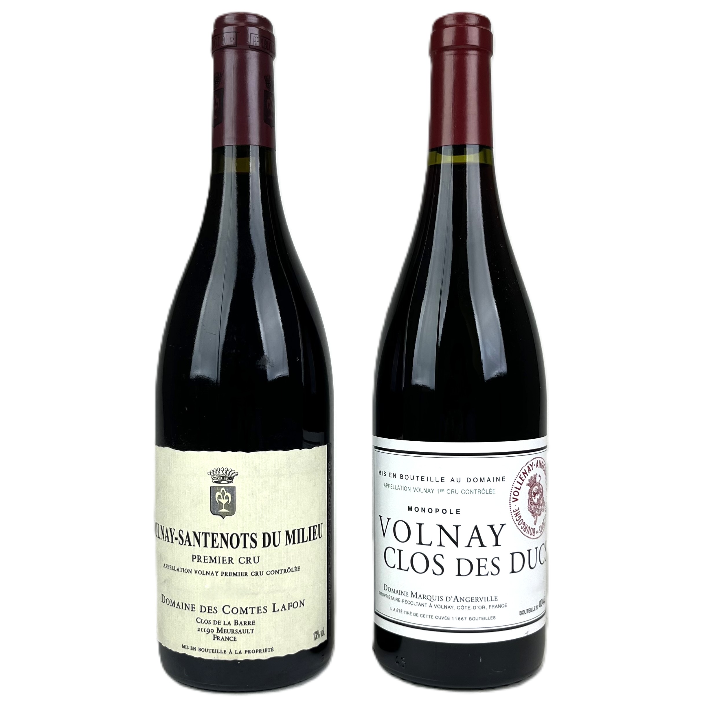 photo of bottles of Angerville Volnay 1er Cru Clos des Ducs & Lafon Volnay 1er Cru Santenots du Milieu